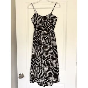 H&M Zebra Print Midi Dress Womens 2 Black White Button Front Adjustable Straps